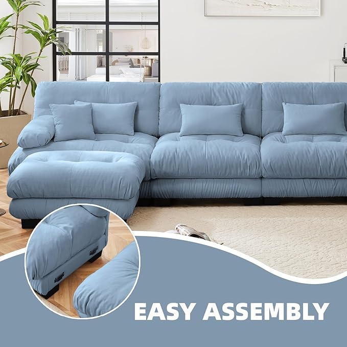 133.8" L-Shaped Cloud Couch, Oversized Modular Sectional Sofa, Deep Seat Cloud Boneless Couch, 3-Seat Modular Sectional Sofa with Ottoman or Living Room,Bedroom and Apartment, Blue