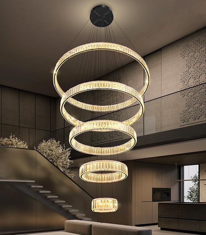 Large Ring Crystal Chandelier Modern Dimmable Chandelier High Ceiling Chandelier Round LED Ceiling Light Fixture for Foyer Long Stair Big Chandelier Black 8''+16''+24''+32''+40''
