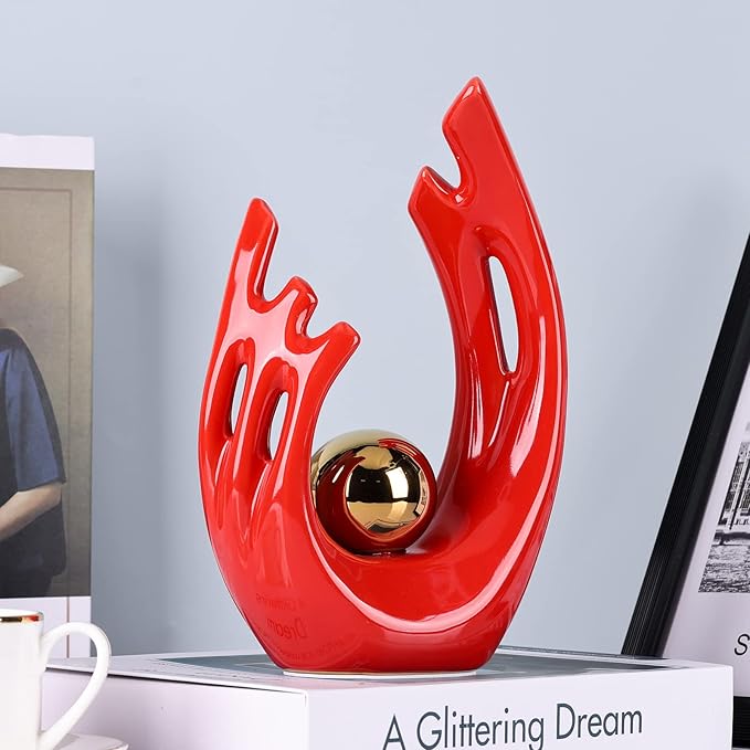 Red Modern Abstract Art Ceramic Statue and Sculpture,Red and Gold Home Decor Accents,Table Decoration for Living Room Office Dining Room Kitchen Cabinets Apartment Desktop Bookshelf Aesthetic Decor