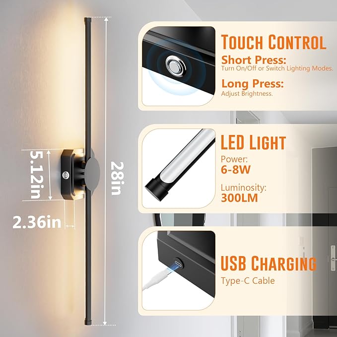 HEERTTOGO Battery Operated Wall Sconce, Rechargeable Wall Light with Touch Control, 3 Color Temperatures & 3 Brightness Levels, 350° Adjustable Rotating Head, for Bedroom, Hallway, Staircase (1 Pack)