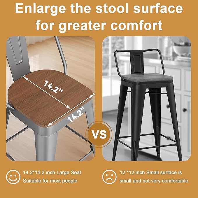 Andeworld Metal Bar Stools Set of 4, 30 inch Bar Height Barstools with Backs Farmhouse Modern High Back Bar Stools with Larger Seat Kitchen Dining Bar Chairs,Silver