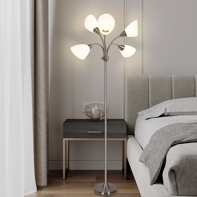 HonoDing Medusa Floor Lamps Standing Lamps 5 Heads Adjustable Reading Light Large Shade Use E26 A19 Bulb Floor Lamps for Living Room Bedroom (Satin Nickel)