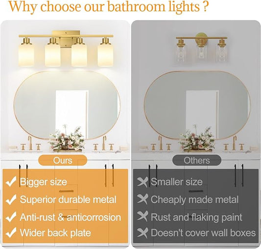 4-Light Bathroom Light Fixtures, Brushed Gold Vanity Lights with Milk Glass Shades, Modern Bathroom Wall Lamp for Mirror Living Room Bedroom Porch