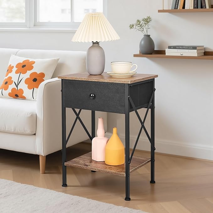 VECELO Nightstand Set of 2, X-Design End Side Table with Fabric Storage Drawer and Open Shelf, Bedside Night Stand with Steel Frame for Bedroom, Living Room,Dorm, Easy Assembly, Walnut Brown