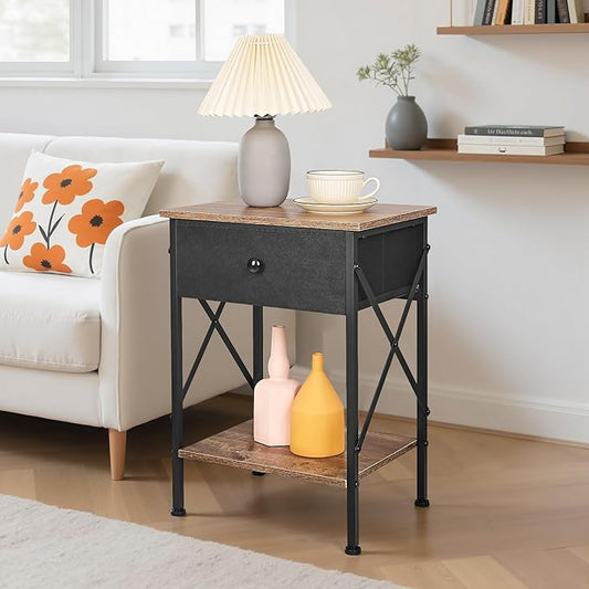 VECELO Nightstand Set of 2, X-Design End Side Table with Fabric Storage Drawer and Open Shelf, Bedside Night Stand with Steel Frame for Bedroom, Living Room,Dorm, Easy Assembly, Walnut Brown