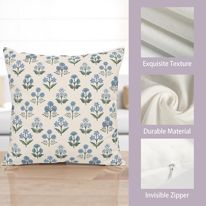 Floral Pillow Covers 24x24 Set of 2 Blue Green Block Print Throw Pillow Cases Vintage Flower Pattern Pillowcases Spring Summer Rustic Outdoor Cushion Covers for Farmhouse Sofa Couch Decor