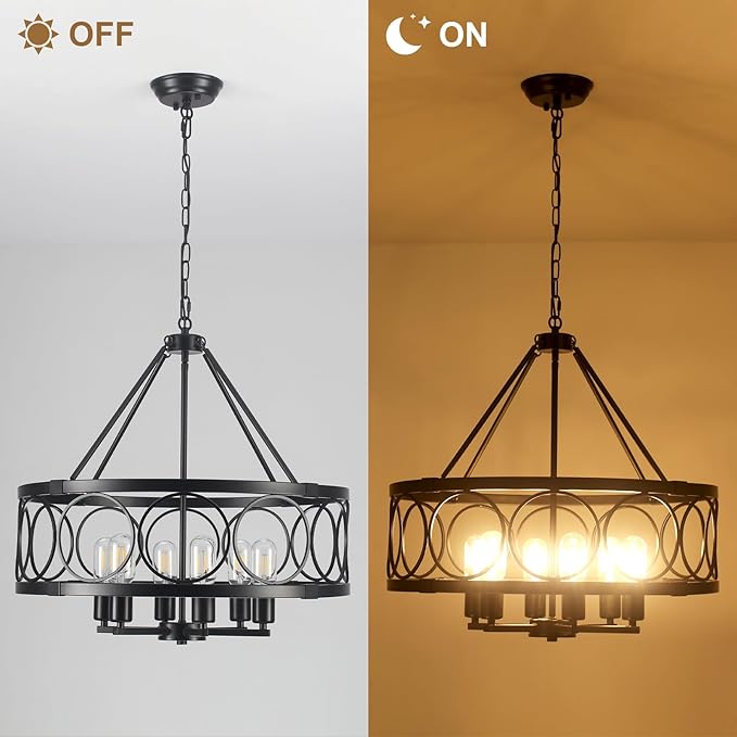 Black Farmhouse Chandelier, 6-Light Rustic Chandeliers for Dining Room Light Fixture, Drum Chandelier Round Pendant Light, Hanging Kitchen Island Lighting for Living Room, Entryway, Foyer