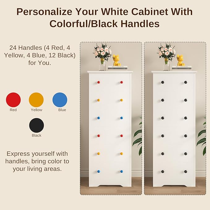 LIKIMIO Small Dresser Tall, 6 Drawer Tall Skinny Dresser with Colorful Handles, Chest of Drawers for Bedroom, 51.5" H Modern Wooden Floor Storage Cabinet with Metal Sliding Rail, White