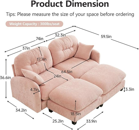 KEIKI 74" Oversized Chenille Modular Sectional Loveseat Sofa with 2 Ottoman, High-Density Foam Cushions, Tufted Pleated Cushion Backrest, Modern 2-Seater Couch with 2 Pillow, for Living Room, Pink