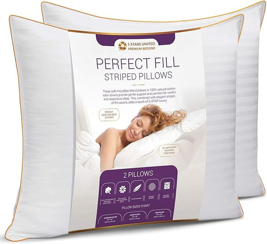 5 STARS UNITED Standard Size Pillows - Set of 2, 20x26, Super Soft Fiber Fill - Striped Satin Cotton Covers
