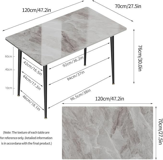 Wisfor Sintered Stone Dining Table: 47.2x27.5 Inch Grey Kitchen Table with Metal Legs - 6-Seat Breakfast Table for Dining Room, Restaurant (No Chairs)
