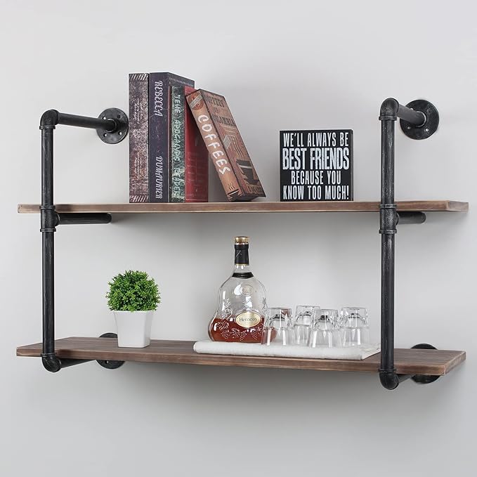 MBQQ Industrial Pipe Shelving Wall Mounted,36in Rustic Metal Floating Shelves,Steampunk Real Wood Book Shelves,Wall Shelf Unit Bookshelf Hanging Wall Shelves,Farmhouse Kitchen Bar Shelving(2 Tier)