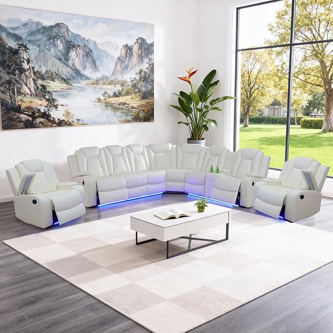 Leather Power Recliner Sectional Sofa Set with LED Light,L Shaped Leather Couch Set with Chair*2,Modular Corner Sofa with USB Ports for Living Room Furniture(White, Sectional+Chair*2)