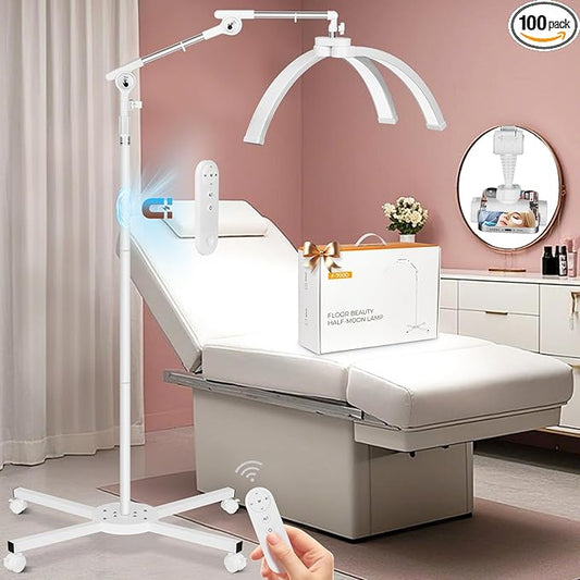 HITTI Lash Light for Eyelash Tech, 2026 Upgrade LED Half Moon Lamp with 4 Wheel Rolling Base, Esthetician Light for Tattoo Artists, Beauty - Adjustable Brightness, Phone Holder, 360°Rotating-White
