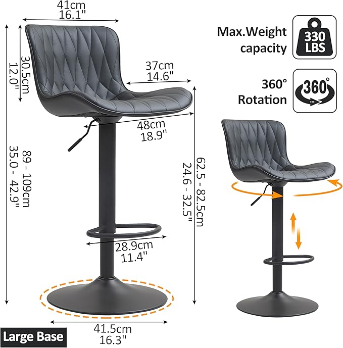 Finnhomy Bar Stools Set of 2, Modern 360° Swivel Faux Leather Bar Stools, 24"-32.5" Seat Height with Back, 330 lbs Capacity, SGS Gas Lift, Upholstered Kitchen Chairs for Kitchen Island, Black