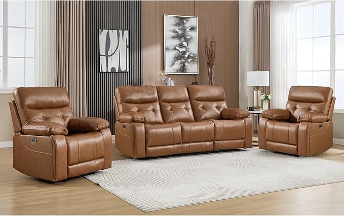 CANMOV Genuine Leather Power Recliner Sofa Set,Two Power Recliner Chair and Sofa Set, 3 Pieces Leather Couch with Hidden Cup Holders, USB Ports, for Living Room, Brown
