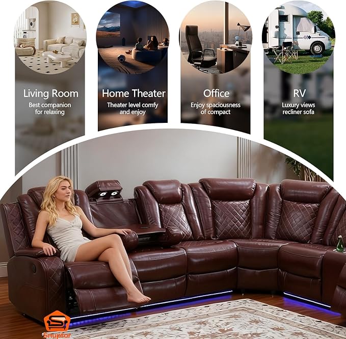 Power Leather Recliner Sectional Sofa with LED Light,L Shaped Reclining Couch with USB Charger/Cup Holder/Storage,Leather Sofa for Living Room Furniture Sets(Burgundy,Sectional)