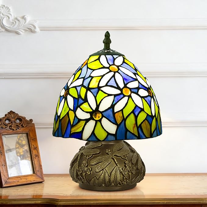 JHuiLap Small Tiffany Stained Glass Lamp, 3 Color Temperatures Bedside Lamp, 8 Inch Mushroom Desk Light for Bedroom Living Room Office Home Decor (White Flower Pattern)