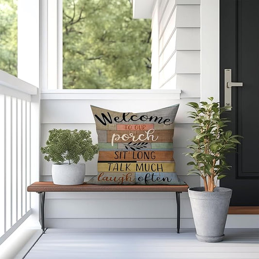 Jartinle Decorative Outdoor Pillow Covers Porch Rules Sign Farmhouse Throw Pillow Covers, Square Linen Patio Cushion Cases for Couch Bench Seat Chair Car 18x18 Inch