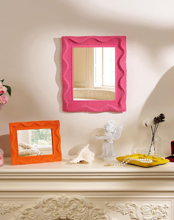 Cute Wall Mirror Decor for Girls Bedroom Dressing Room, 14x12 Wavy Decorative Wall-Mounted Mirror for Hallway Entryway Home Office, Funky Framed Vanity Mirrors As Photo Backdrop (Rose Pink)