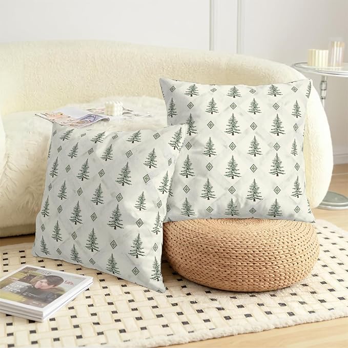 Green White Christmas Tree Pillow Covers 16x16 Set of 2 Xmas Boho Farmhouse Vintage Rustic Print Pillow Case Winter Decorative Outdoor Cushion Case for Home Couch Patio