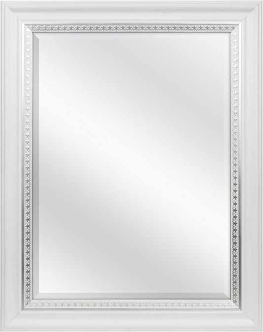 MCS 23x29 Large Wall Mirror, White Woodgrained Frame with Silver Embossed Detail & Beveled Detail Mirror, Vertical & Horizontal Wall Hanging Mirror for Bathroom, Bedroom & Livingroom