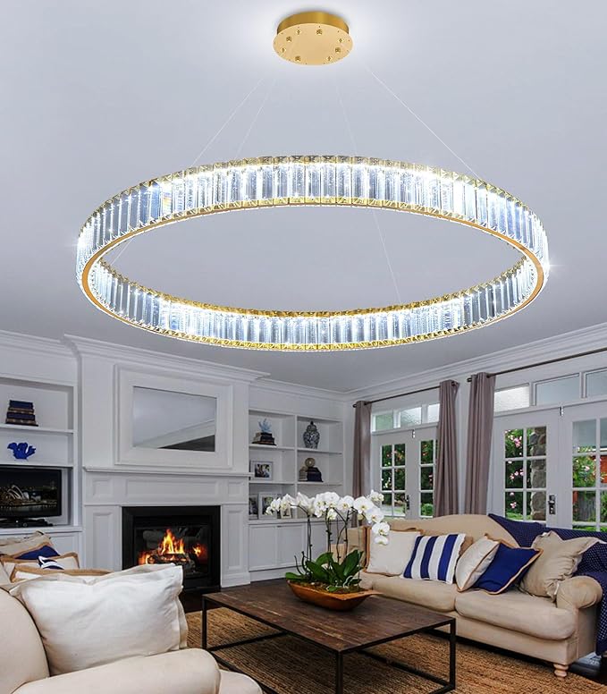 32'' Modern Ring Chandelier Crystal Chandeliers for Dining Room Round LED Dimmable Ceiling Light Fixture for Living Room Bedroom Lighting Gold