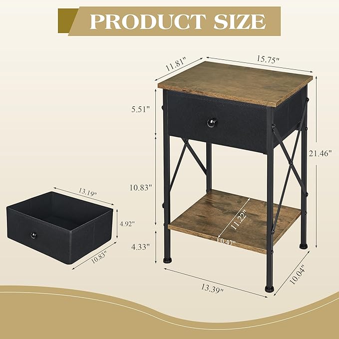 VECELO Nightstand Set of 2, X-Design End Side Table with Fabric Storage Drawer and Open Shelf, Bedside Night Stand with Steel Frame for Bedroom, Living Room,Dorm, Easy Assembly,Antique Brown