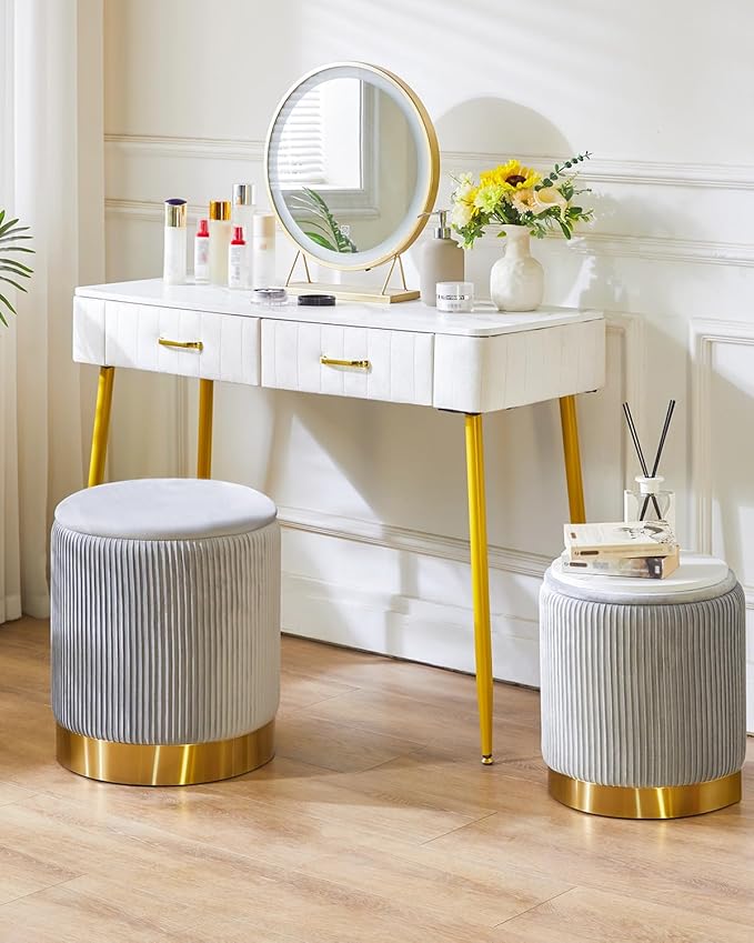 IBUYKE Round Storage Ottoman Set of 2 Ottoman for Dorm Vanity Stool with Storage Velvet FootStools End Table Boucle Ottoman for Home Organization Gray UWBD016G