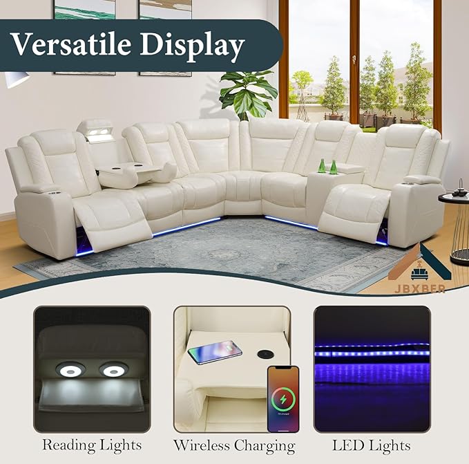 Power Recliner Sectional Sofa Set, Creamy Leather Sectional Couch and Loveseat for Living Room, L Shape Reclining Sofa with Cup Holder, Hidden Storage, Drop-Down Table for House(8 Seat)