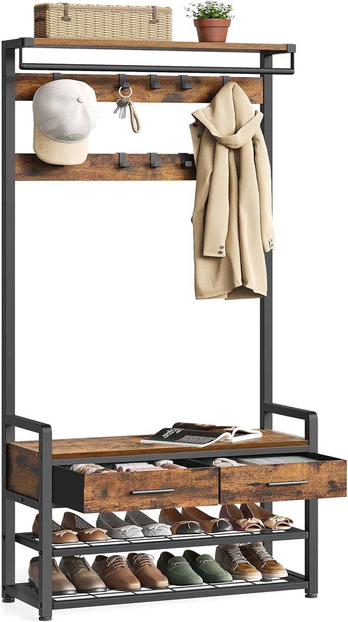 VASAGLE Hall Tree with Bench and Shoe Storage, Entryway Coat Rack with Shoe Bench, 2 Fabric Drawers, 10 Hooks, 11.8 x 31.7 x 71.5 Inches, Vintage Brown and Ink Black UHSR429B01
