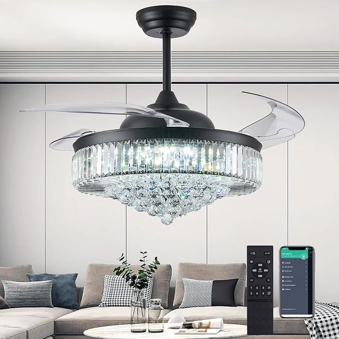 DuMaiWay 52" Dimmable Chandelier Ceiling Fan with Lights,Retractable Crystal Ceiling Fan Chandelier with Remote Control LED Light for Bedroom Living Room Polished Chrome Black 6 Speed 3 Light