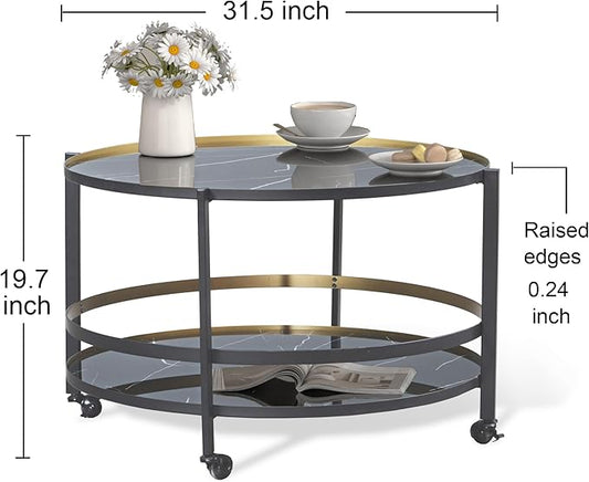 Round Coffee Table with Wheels & 2-Tier Design Black Marble-Textured Top, Sturdy Metal Frame & Premium Baked Paint Finish for Living Room, Balcony, Home - Easy Assembly - 31.5"x19.7"