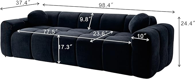 98.4-Inch Oversized Boneless Cloud Couches Deep Seat Foam Sofa Couch with 2 Round Toss Pillows, Luxury Corduroy Upholstered 3 Seat Tufted Loveseat, Cloud Sofa in a Box