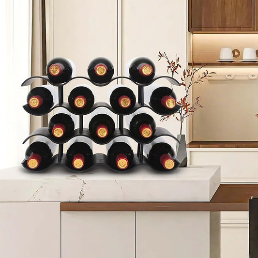 Countertop Wine Rack - 14 Bottle Freestanding Wine Bottle Holder Stand - 4 Tier Wooden Wine Storage Rack - Black Wavy Wine Organizer for Cabinet Pantry Home Kitchen Bar