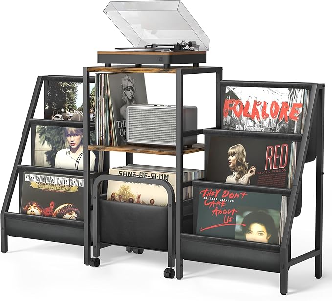 Record Player Stand with Vinyl Storage Cart, Record Player Table with Record Storage 200 Albums, Turntable Stand with Record Holder Vinyl Display Shelf, Record Cabinet Media Stereo