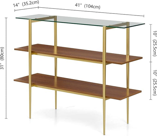 Glass Console Table for Living Room, Foyer & Entrance, H41 x W14 x H31inch, 3-Tier Mid-Century Modern Sofa Table with Clear Glass Top, Walnut Finish Wood Shelf and Gold Finish Frame
