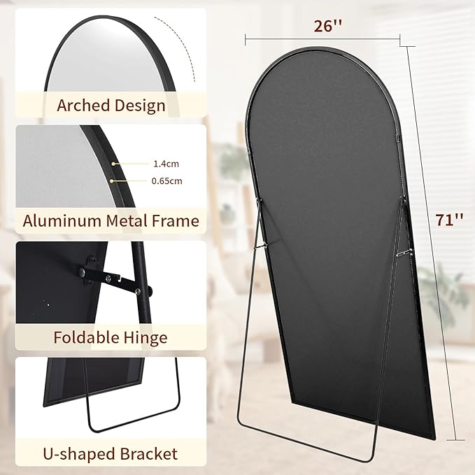 71"x26" Arched Mirror Full Length, Standing Floor Mirror, Wall Mounted Mirror with Aluminum Frame - for Standing, Leaning or Hanging, for Living Room Dressing Room, Silver