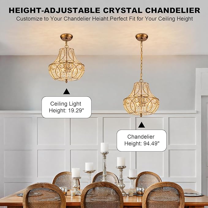 4-Light Antique Gold Gourd Beaded Chandelier, 13" Vintage Crystal Pendant Lighting Fixture for Dining Room, Living Room, Kitchen Island, Bedroom