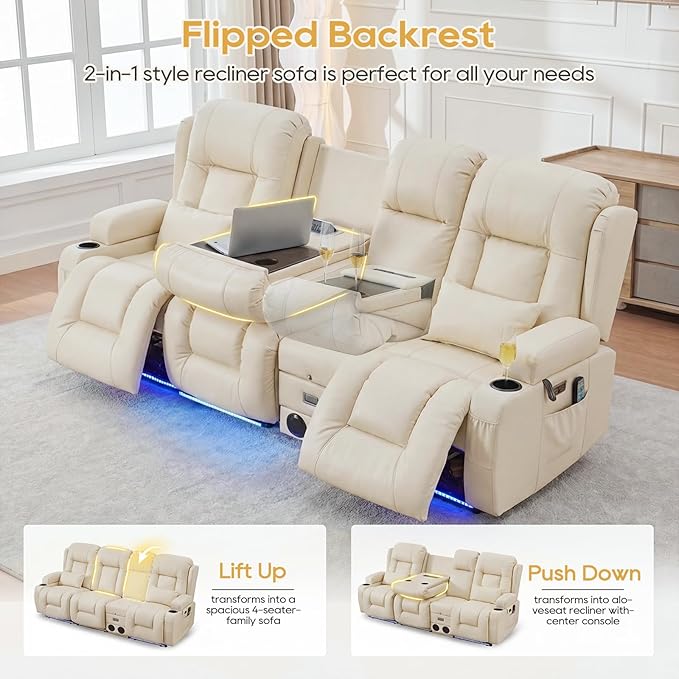 IPKIG Power Recliner Sofa with Flip-Up Backrest Console, USB & USB-C Ports, AC Outlet, LED Lights, Wall Hugger Recliners for Living Room, RV (Off Withe, 89" - 4 Seat) | Faux Leather, Zero Gravity, Dual Reclining, 2 Lumabr Pillow, Bluetooth Speakers