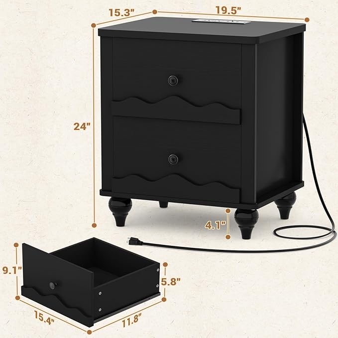 Cyclysio Black Nightstand with Charging Station Set of 2, Scalloped Bedside Table with 2 Smooth Drawers, Modern End Table with Solid Wood Legs for Bedroom and Small Spaces