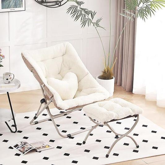 Saucer Chair with Ottoman, Comfy Oversized Folding Chair, Faux-Fur Reading Chair for Adults, Foldable Accent Lazy Chair, Metal Frame Chair for Living Room, Bedroom, Beige