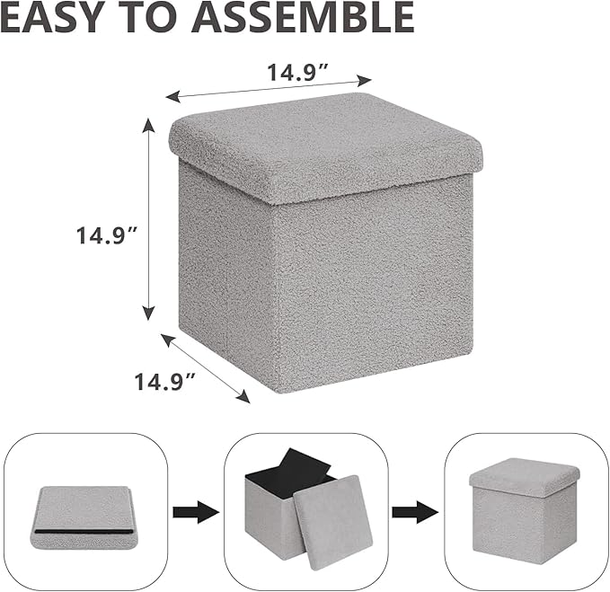 15 Inches Small Storage Ottoman - Square Ottoman with Sherpa Top,Storage Bench for Bedroom 15" D x 15" W x 15" H-Grey