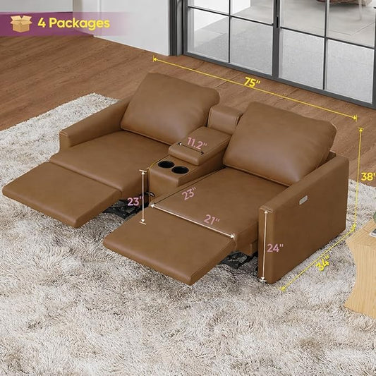 AMERLIFE Dual Power Recliner, Reclining Sectional Couch with Console, Loveseat Anti-Scratch Leathaire Modular Couch with Cup Holder& USB Port, Brown