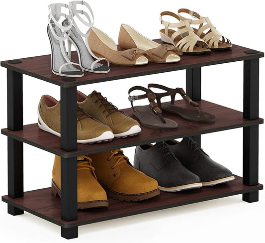 Furinno Turn-S-Tube 3-Tier Shoe Rack, Dark Cherry/Black