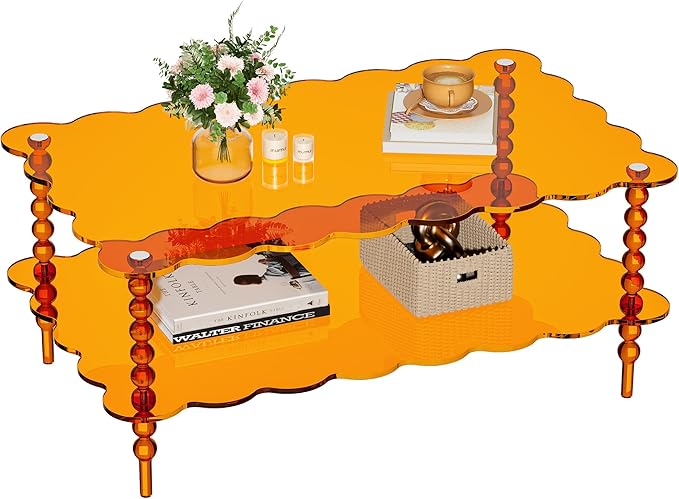 Acrylic Coffee Table, 2-Tier Living Room Table with Storage, Center Table Mid-Modern Century for Living Room, Easy to Assemble (Orange, 37.8“×23.6“×15.7”)
