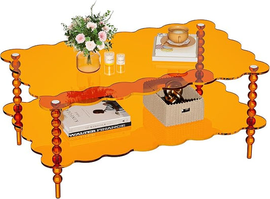 Acrylic Coffee Table, 2-Tier Living Room Table with Storage, Center Table Mid-Modern Century for Living Room, Easy to Assemble (Orange, 37.8“×23.6“×15.7”)