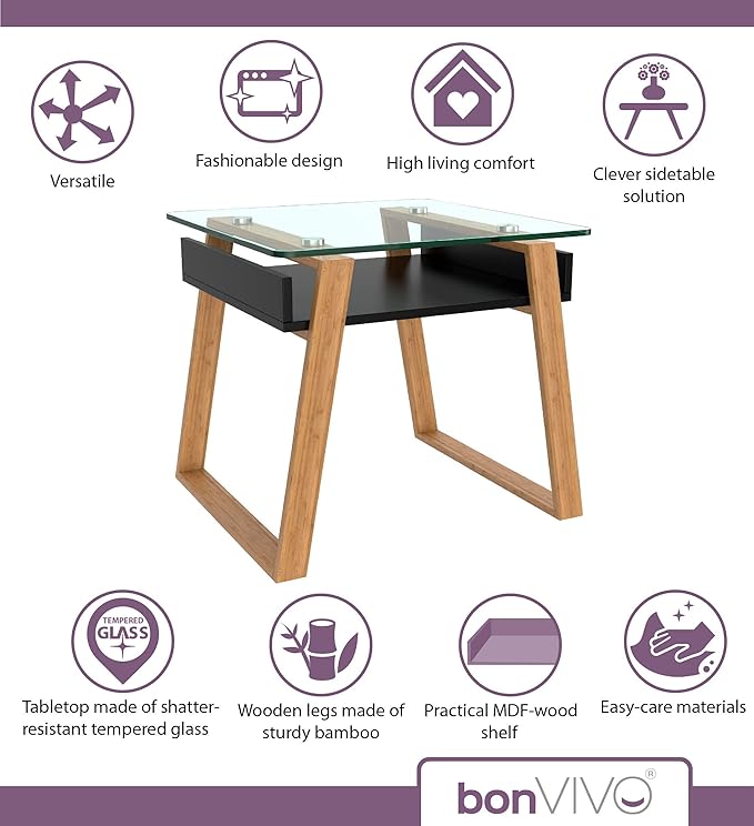 bonVIVO Pablo Black Side Table – Square Wooden Coffee Table with Glass Top, Stylish Living Room Table, Small Bedside Table, Modern End Table for Sofa, Bedroom or Lounge Décor