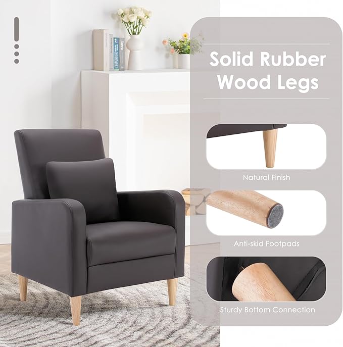 COLAMY Modern Accent Living Room Chairs Set of 2, Upholstered PU Leather Armchair Reading Side Chair, Single Sofa with Back Pillow and Wood Legs, Brown