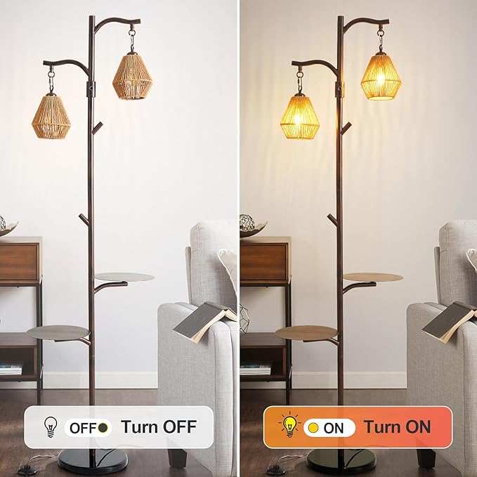 Hsyile Arc Floor Lamp with Cage Shade,Rattan&Fabric Boho Floor Lamps for Living Room Bedroom,Rust Color Industrial Dimmable Floor Light,Farmhouse Rustic Tall Lamp for Office Reading